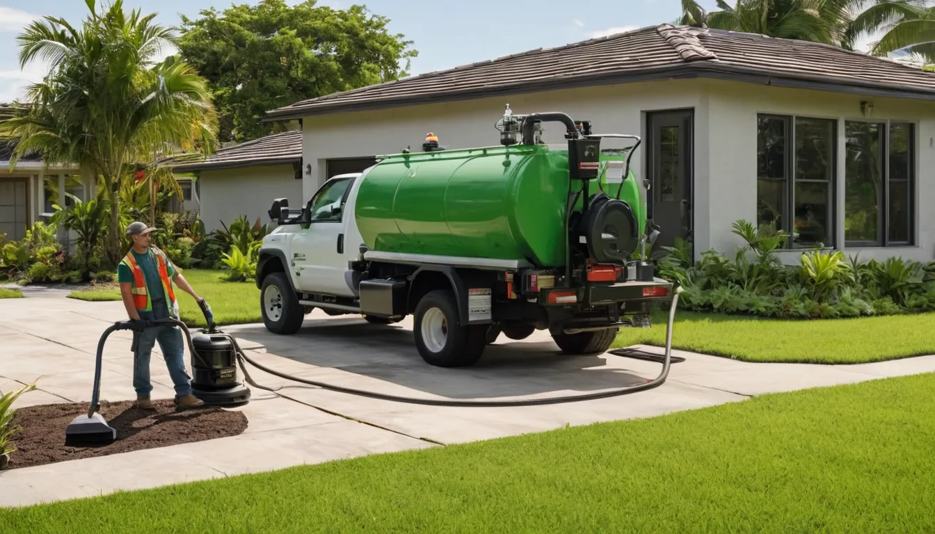 Septic provider's pump truck parked beside a home in the Plant City area with an open tank lid and hose in the yard